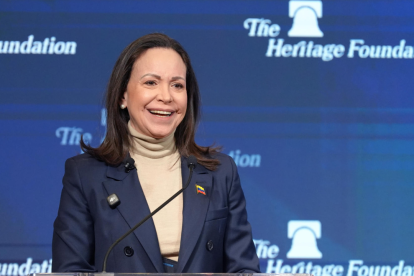 María Corina Machado durante su intervención en un evento en Washington, tras reunirse con el presidente Trump.