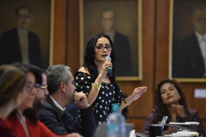 La asambleísta del correísmo y una de las proponentes del juicio político, Viviana Veloz, cuestionó la dirección de Ferdinan Álvarez en la mesa de Fiscalización.