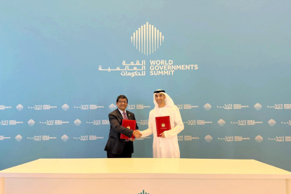 El ministro de Producción, Comercio Exterior e Inversiones, Luis Alberto Jaramillo, en el cierre de la negocición con Emiratos Árabes Unidos.