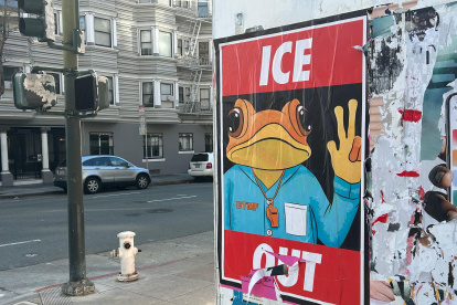 Fotografía de un cartel con la imagen del sapo concho entre la frase "ICE Out" (Fuera ICE) colgado en una calle este jueves en San Francisco, California (EE.UU.).