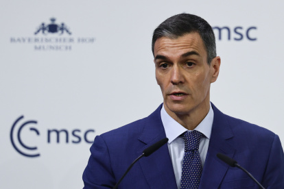 MUNICH (Germany), 14/02/2026.- El presidente del Gobierno español, Pedro Sánchez, interviene durante la 62.ª Conferencia de Seguridad de Múnich (MSC).