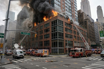 Referencial.Bomberos combaten un incendio en un edificio de Manhattan durante las celebraciones del Día de San Patricio.