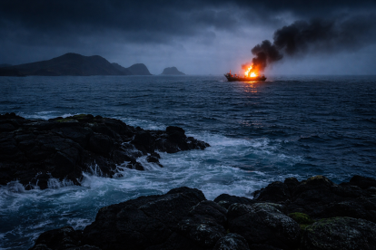 Foto creada con inteligencia artificial de una embarcación incendiándose en altamar en la región insular de Ecuador.