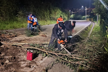 Maquinaria pesada trabaja en la antigua vía a Nayón tras el deslizamiento registrado en el norte de Quito.