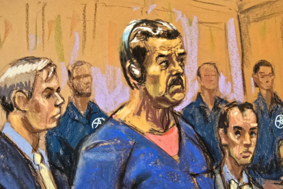 Un dibujo de Jane Rosenberg donde aparece el presidente de Venezuela, Nicolás Maduro, compareciendo ante un tribunal federal de Nueva York.