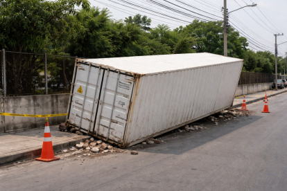 Imagen referencial de un contenedor caído sobre una vía de Guayaquil.