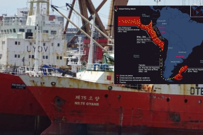 Foto referencial de un barco de pesca chino y un mapa con detalles de puntos de pesca.