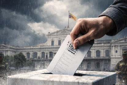 Ilustración conceptual de una urna electoral rodeada por agua, que alude al debate sobre el adelanto de las elecciones seccionales en Ecuador.