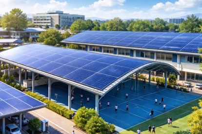 Cubiertas solares instaladas en un centro educativo permiten generar energía limpia y, al mismo tiempo, proteger a los estudiantes del sol durante las actividades escolares.