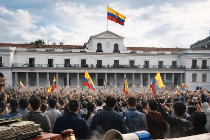 Escena simbólica de presión ciudadana y crisis institucional en Ecuador frente al Palacio de Carondelet.