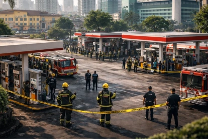 Bomberos y policías inspeccionan estaciones de combustible en una zona urbana rodeada de hospitales, colegios y edificios residenciales, en medio de preocupaciones por seguridad.