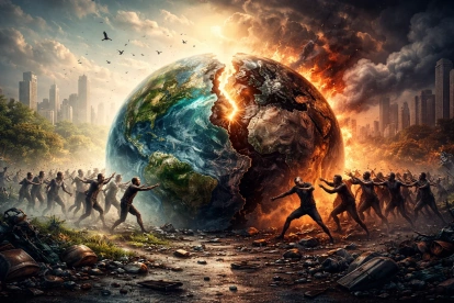 La humanidad dividida entre el humanismo y la confrontación, una metáfora visual del riesgo de imponer la ley del más fuerte.