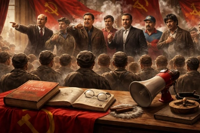 Representación simbólica de líderes del comunismo y su influencia ideológica sobre las masas trabajadoras en un contexto de propaganda política.