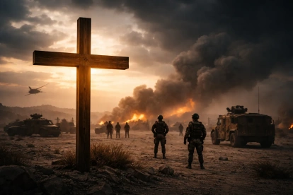 La cruz iluminada contrasta con un escenario de guerra, simbolizando el debate sobre el uso de la religión para justificar conflictos armados.