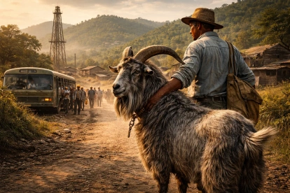 Un chivo acompaña a su dueño cerca del campamento petrolero de Ancón, evocando la historia de fidelidad narrada durante la época del boom petrolero en Santa Elena.