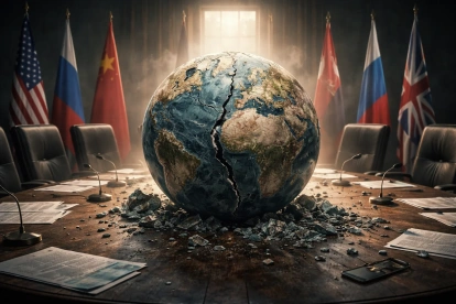 Un globo terráqueo fracturado en medio de una mesa diplomática simboliza las tensiones y cuestionamientos actuales al orden internacional basado en normas.