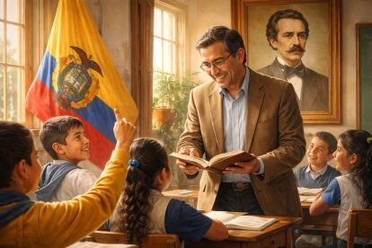 Un docente guía a sus estudiantes en el aula, reflejando el papel fundamental de los maestros en la formación de la niñez y juventud ecuatoriana.