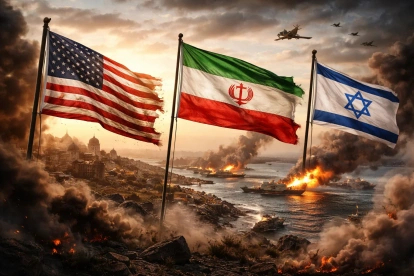Banderas de Estados Unidos, Irán e Israel frente a un escenario de tensión militar en el estrecho de Ormuz, símbolo de la frágil tregua en Oriente Medio.