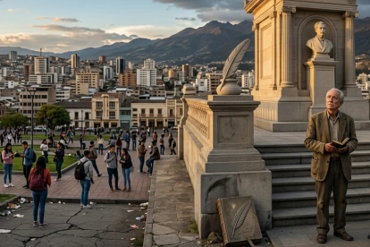 Un maestro y su alumno contemplan con reverencia el mausoleo de Juan Montalvo.