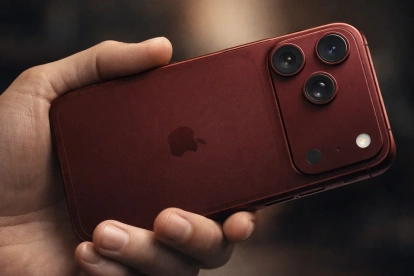 Supuesta filtración del iPhone 18 Pro Max revela un diseño robusto con triple cámara y acabado en tono rojo oscuro metálico.