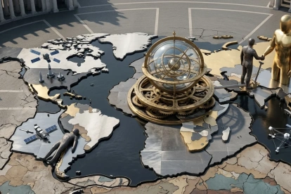 Una representación alegórica y detallada de la geopolítica global contemporánea.