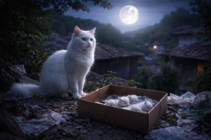 Una gata blanca cuida a sus crías en un entorno precario, evocando una historia de rescate, vínculo y misterio.