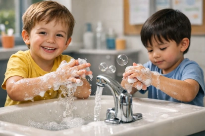 Niños practican el correcto lavado de manos mediante una dinámica lúdica que combina aprendizaje y diversión.