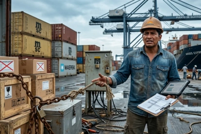 Un exportador ecuatoriano en un puerto logístico simboliza la lucha entre la apertura a mercados globales y las limitaciones internas.