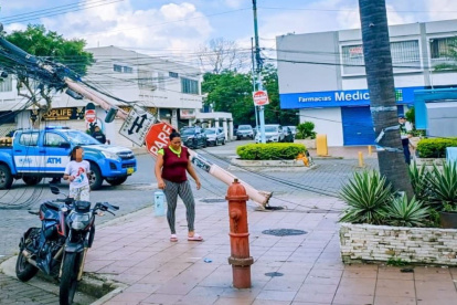 El árbol se cayó y arrastró los cables que estaban conectados a un poste, que se desprendió de su base.
