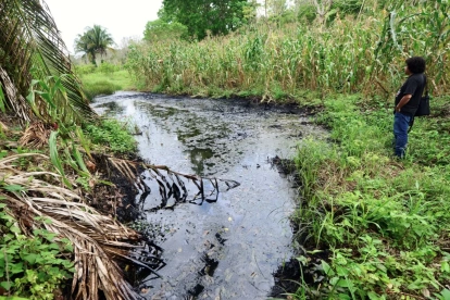Oscar López observa un derrame de hidrocarburos junto a un campo de maíz, en la comunidad de Rafael Rosas, en Papantla, estado de Veracruz, el 11 de abril de 2026.