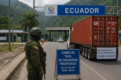 Una imagen creada con IA sobre la actividad comercial de Ecuador y Colombia y el cobro de la tasa de seguridad.