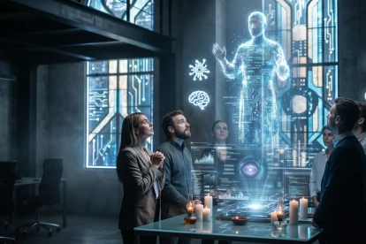 Usuarios trabajan guiados por una interfaz de inteligencia artificial, en una escena que refleja la creciente dependencia tecnológica en la toma de decisiones.