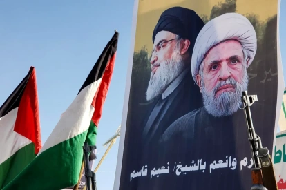 Manifestación con la imagen del líder de Hizbulá, Naim Qassem, y del fallecido Hassan Nasrallah.