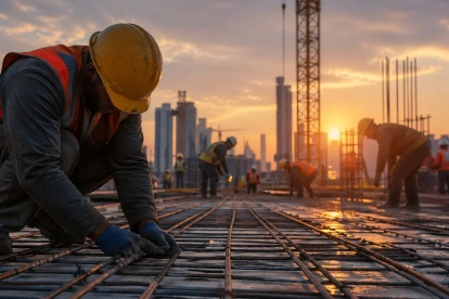 Obreros trabajan en una obra al amanecer, reflejando el esfuerzo humano y el valor del trabajo digno en el desarrollo social.