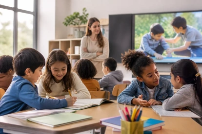 Niños interactúan de forma colaborativa en el aula mientras una docente guía el aprendizaje basado en valores.