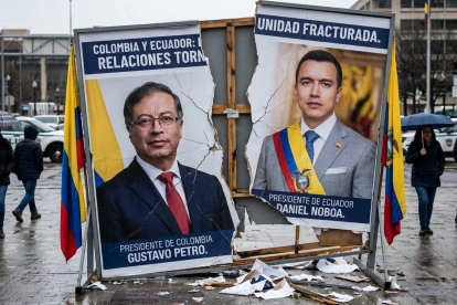 Imagen, preparada con Gemini, para simbolizar que las relaciones entre Gustavo Petro y Daniel Noboa, presidentes de Colombia y Ecuador, están rotas.
