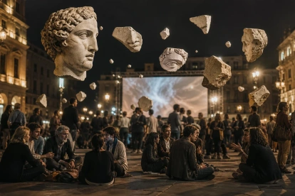 Ciudadanos participan en un encuentro nocturno de reflexión filosófica, en un entorno que evoca el diálogo y la reconstrucción de ideas en tiempos de fragmentación.