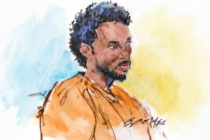 Boceto en la sala del tribunal de David Anthony Burke durante la sesión del jueves 23 de abril de 2026.
