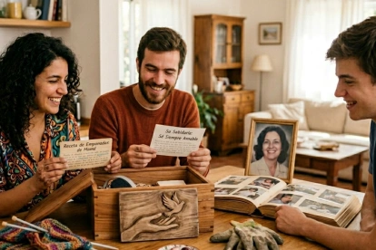 Familia reunida en el Día de la Madre recordando a una madre fallecida.