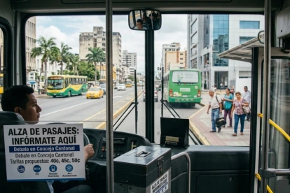 Referencial. Un aviso en las unidades urbanas informa sobre el debate en el Concejo Cantonal por el alza de pasajes en Guayaquil.