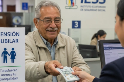 Referencial. Un adulto mayor recibe su pensión en una ventanilla del IESS.