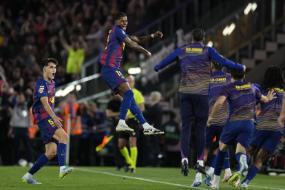 El delantero británico del FC Barcelona, Marcus Rashford, celebra el primer gol del equipo blaugrana durante el encuentro correspondiente a la jornada 35 de Laliga.