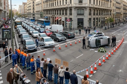 Ciudad dividida: La confluencia de un atasco monumental y un maratón ilustra la parálisis de la movilidad cotidiana en Madrid.