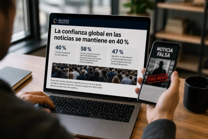 Una foto creada con IA sobre la desconfiaza en las noticias y comoen las redes sociales circula mucha noticia falsa.