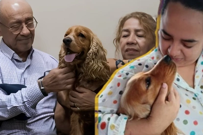 Los padres de Yailín Proaño abrazan a Capuccino dentro de la Unidad Judicial de Daule, tras el fallo que ordenó devolver el perro a su familia.