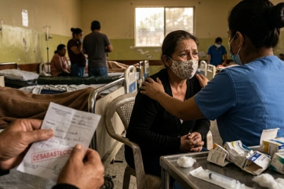 Una paciente recibe consuelo en un sistema de salud que lucha contra el desabastecimiento.
