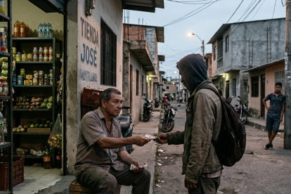 Un tendero local entrega dinero en efectivo a un joven enmascarado en una calle.