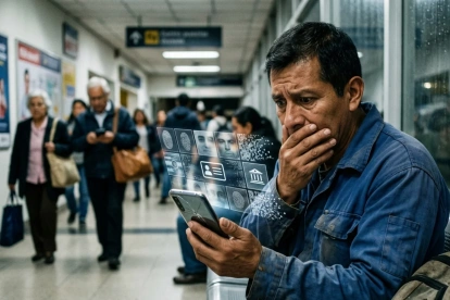 Un ciudadano observa con angustia cómo sus datos biométricos —huellas dactilares y rasgos faciales— se desvanecen en un entorno digital inseguro.