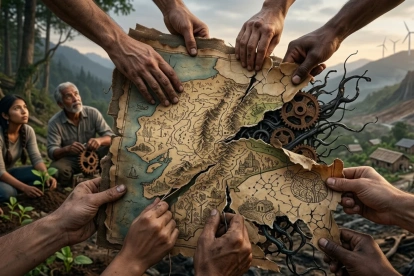 Varias manos trabajan unidas para restaurar un mapa fragmentado, simbolizando la reconstrucción del tejido social y la resistencia ética frente a las fuerzas que buscan convertir el territorio en un objeto de explotación.
