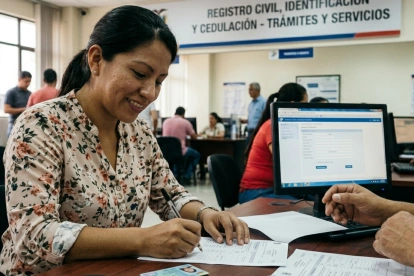 Ciudadana realiza trámites en una agencia del Registro Civil, donde se verifica la vigencia de la cédula.